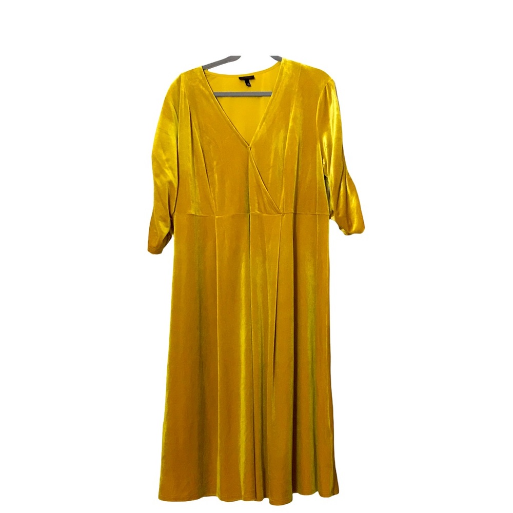 1X Plus Size Velvet Gold Faux Wrap Dress with ruched sleeves from Who What Wear